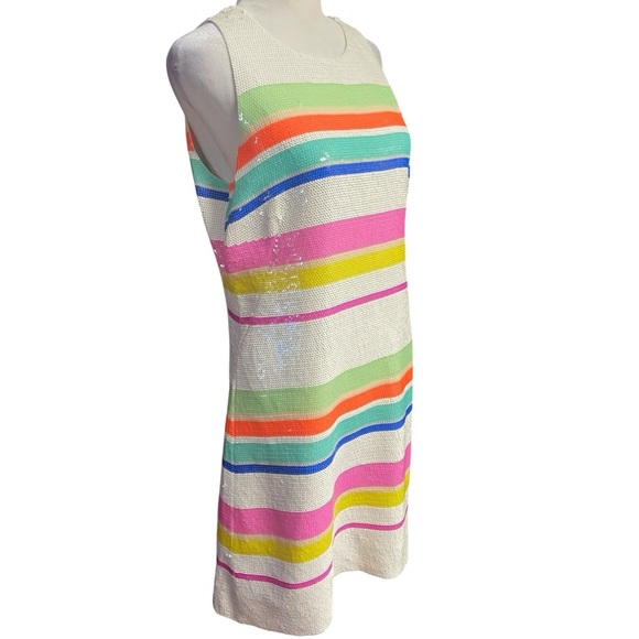 Kate Spade White Pink Cape Multi Stripe Sequin Lined Shift Dress Size 6 Party - Picture 3 of 15